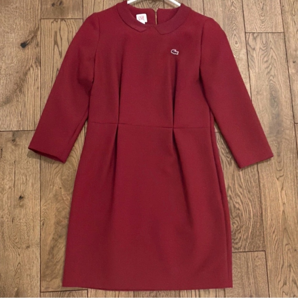 Lacoste Live Burgundy Collared Shift Dress 3/4 Sleeve Knee Length Dress